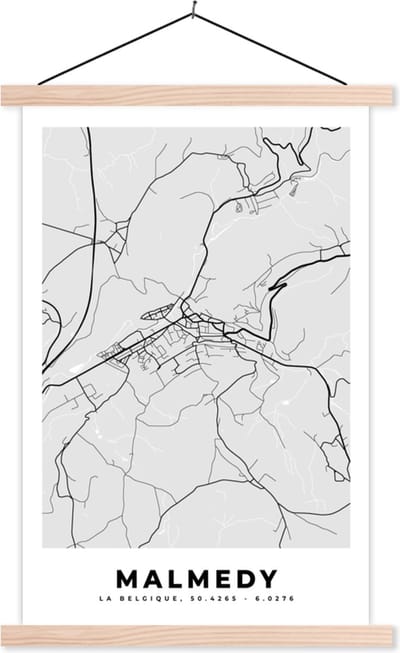 Posterhanger incl. Poster 40x60 cm - Schoolplaat - Kaart – Plattegrond – Stadskaart – Malmedy – België – Zwart Wit - Textielposter - Blanke latten - Stadskaart