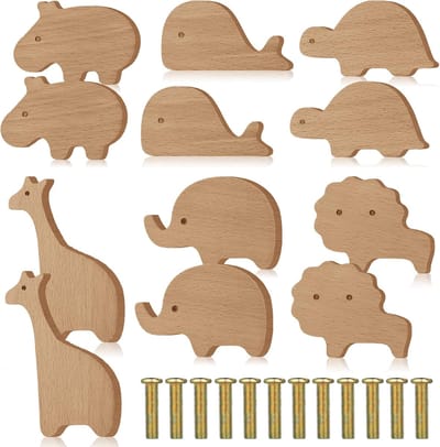 Houten dierenkastknoppen, decoratieve houten dressoirknoppen met schroeven, dressoir trekt hout mariene bosdieren knoppen meubelknoppen kinderkamer lade handgrepen voor decoratie (dierentuin, 12 Stuks）
