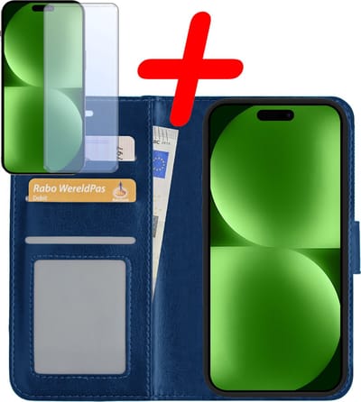 Hoesje Met Screenprotector - Geschikt voor Apple iPhone 15 - Luxe Pasjeshouder - Bookcase Portemonee - Flip Case - Kunstleer Book Case - Flipcase - Book Cover - Walletcase - Portemonneehoes - Donkerblauw