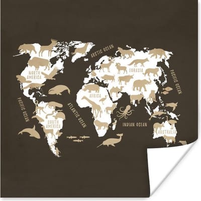 Poster 30x30 cm - Wereldkaart - Wit - Dieren - Posters - Kamer decoratie - Wanddecoratie woonkamer - Muurdecoratie slaapkamer