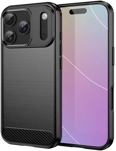 MobyDefend Hoesje - Geschikt voor iPhone 17 Pro - TPU Backcover - Geborstelde Metaal & Carbon-Look - Zwart