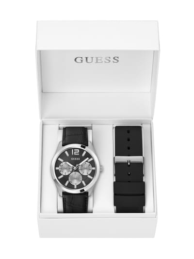 Guess Zen Multifunctioneel Horloge Zwart Kast Gemaakt Van 100% Roestvrij Staal En Een Armband Van 100% Echt Leer 42 GW0809G1