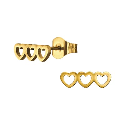 Goud kleurige stainless steel 3 hartjes dames oorbellen | chirurgisch staal | hypoallergeen | Zilverana | RVS