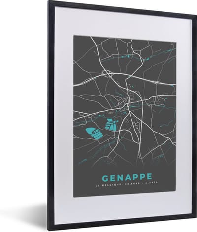 Fotolijst incl. Poster - België – Genappe – Stadskaart – Kaart – Blauw – Plattegrond - 30x40 cm - Posterlijst