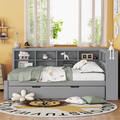 MEUNIQ slaapbank 140x200 cm met uitschuifbed 90x190 cm, USB-aansluiting en opbergvakken, houten bedframe met lattenbodem voor slaapkamer of logeerkamer, grijs