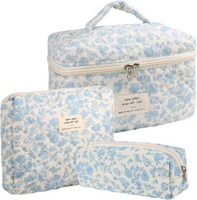 SnelShoppen - 3-delige gewatteerde katoenen make-uptas met bloemen - schattige reismake-uptas - grote toilettas voor vrouwen en meisjes - make-uptas o