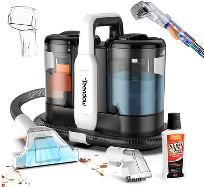 Teendow Tapijtreiniger - Textielreiniger - Vlekkenreiniger - Stofzuiger voor stoffen – 450W – 11000Pa zuigkracht – Dubbele watertank – Met accessoires – Voor huishouden en auto – 326x173x306mm – 9 onderdelen – Zwart wit