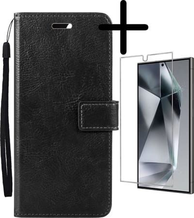 Hoesje Met Screenprotector - Geschikt voor Samsung Galaxy S24 Ultra - Luxe Pasjeshouder - Bookcase Portemonee - Flip Case - Kunstleer Book Case - Flipcase - Book Cover - Walletcase - Portemonneehoes - Zwart