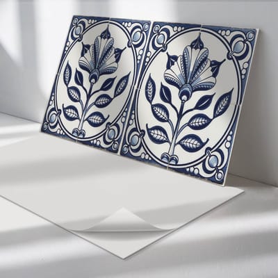 Wallfluent Vinyl Tegels - Bloemenpatroon op Een tegel Zelfklevende Vinyl Tegels - 40 cm x 20 cm - Blauw Vinyl Tegels - 10 stuks - Rechthoek PVC Tegels - Bloemen en Planten Plaktegels - Vinyl Wandtegels - Plaktegels Keuken en Badkamer