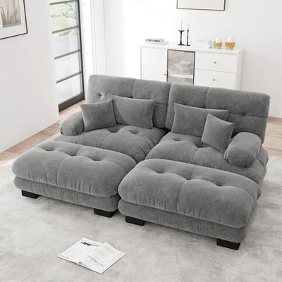 Pugsdrly Cloud hoekbank voor de woonkamer, tweezitsbank in chenille met 2 lendenkussens en 2 sierkussens, gestoffeerde bank met brede armleuningen en 2 poefs, grijs chenille