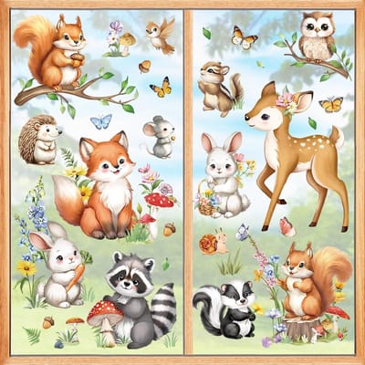 Woodland Animals Dubbelzijdig Venster Klampt - Bos Dieren Raamstickers met Hert, Vos, Eekhoorn, Wasbeer