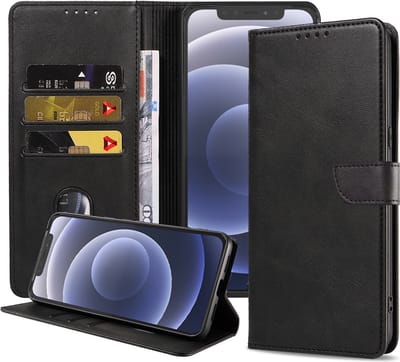 Geschikt voor iPhone 12/12 Pro Telefoonhoesje Kunstleer met Magnetisch lipje en Pasjeshouder Book Case met Klepje - Zwart - Smartphonica geschikt voor iPhone 12;iPhone 12 Pro