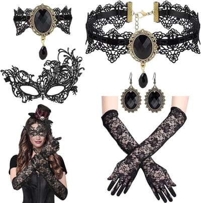 Zwart Gothic Kostuum voor Vrouwen, 6-delige Halloween Outfit met Kanten Handschoenen, Masker en Choker voor Carnaval en Feestjes