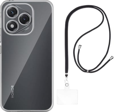 Set met hoesje en nekband voor honor 400 lite 5g - Flexibele, transparante TPU-bescherming, verstelbare universele nekband voor mobiele telefoons, zwarte nekband, transparante draagriem van Phonillico®