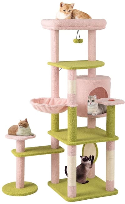 COSTWAY 148 cm krabpaal, bloementhema, kattenboom met meerdere verdiepingen met kattenmand, hangmat, sisalpalen, krabplank, bal & platforms, kattenkrabpaal katten, klimboom, hout, roze + groen
