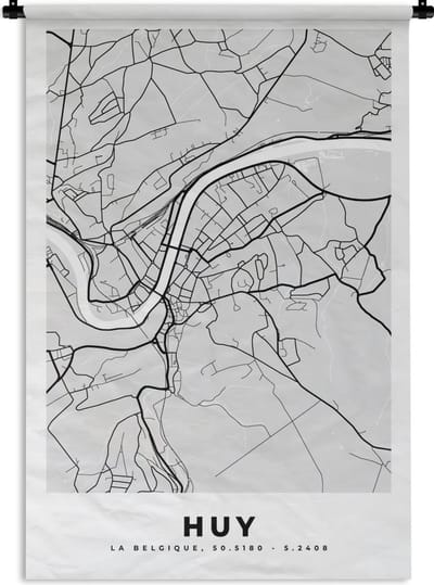 Wandkleed - Wanddoek - Plattegrond – Huy – Zwart Wit – Stadskaart - Kaart - 120x180 cm - Wandtapijt