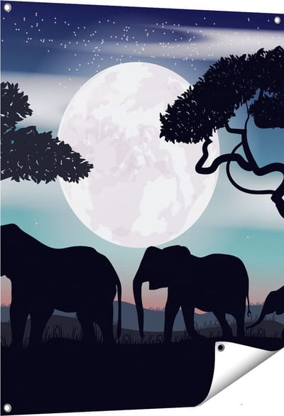 Gards Tuinposter Olifanten Silhouet tijdens Volle Maan - 80x100 cm - Tuindoek - Tuindecoratie - Wanddecoratie buiten - Tuinschilderij