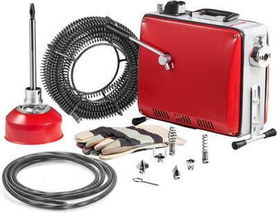 Elektrische Buisreiniger - Rioolreiniger Ontstopper - Verstoppingen Verwijderen - 6 Verwisselbare Koppen - 50-110 mm - Rood/Zilver