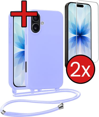 Hoesje Geschikt voor iPhone 17 Hoesje Siliconen Case Met Koord Met 2x Screenprotector - Hoes Geschikt voor iPhone 17 Hoesje Backcover Met Telefoonkoord - Lila
