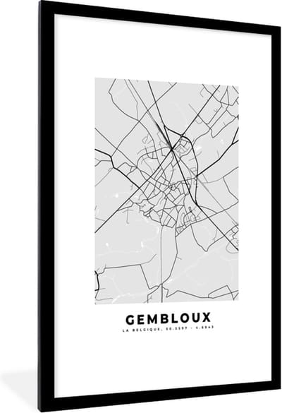 Fotolijst incl. Poster Zwart Wit- Zwart Wit – België – Plattegrond – Stadskaart – Kaart – Gembloux - 80x120 cm - Posterlijst