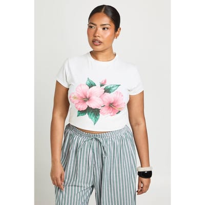 boohoo Dames Plus Baby Tee Met Bloemenprint | Wit | Maat: 50