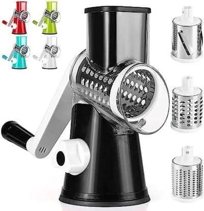 PromoHome Handmatige Keukenrasp 3-in-1 Groentesnijder met Zwengel, 3 Verwisselbare RVS Messen, Zuigbasis, Vaatwasserbestendig, BPA-vrij - Ideaal voor Groenten, Kaas en Noten