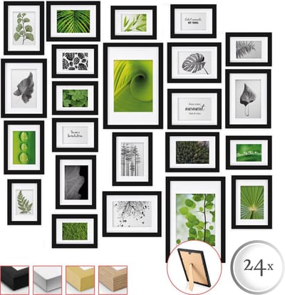 bomoe Nature Set van 24 Fotolijsten Houten Picture Frames - 10x 10,5x15cm / 8x 13x18cm / 4x 15x20cm / 2x 20x30cm - kunststof glas Fotolijst van Hout - Metalen Ophanging - Standaard & Passepartout - Zwart