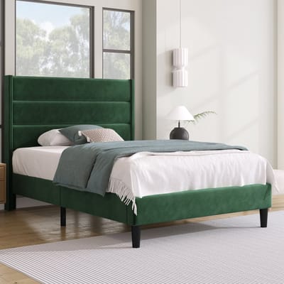 MEUNIQ gestoffeerd bed 90 x 200 cm met hoofdbord en lattenbodem, fluwelen bedframe voor slaapkamer, eenpersoonsbed met 16 cm ruimte onder het bed, groen