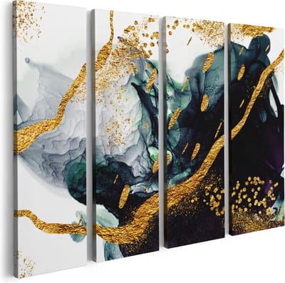 Artaza Canvas Schilderij Vierluik Abstracte Kunst - Zwart Wit met Gouden Strepen - 80x60 cm - Wanddecoratie Woonkamer - Schilderijen - Muurdecoratie