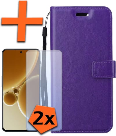 Hoes - Met 2x Screenprotector - Geschikt voor OnePlus Nord 3 - Luxe Pasjeshouder - Bookcase Portemonee - Flip Case - Kunstleer Book Case - Flipcase Hoes - Book Cover - Walletcase - PortemonneeHoes - Paars