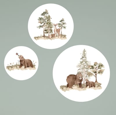 Muurcirkel set van 3 bosdieren hertje en beren-kinderkameraccessoires-decoratie-bosdieren-muurcirkel