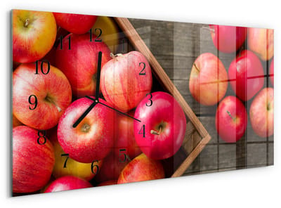 Tulup Wandklok - Appels Moderne Glazen Wandklok - 60x30 cm - Rood Wandklok Glas Met Motief - Zwarte Handen - Rechthoekige Wandklok - Glazen Wandklok Design - Klok Glas Met Opdruk