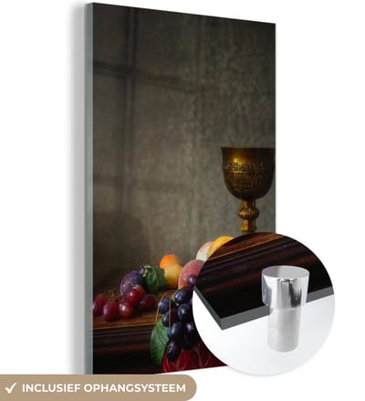 MuchoWow® Glasschilderij 120x180 cm - Schilderij acrylglas - Rustiek - Tafel - Fruit - Stilleven - Beker - Foto op glas - Schilderijen