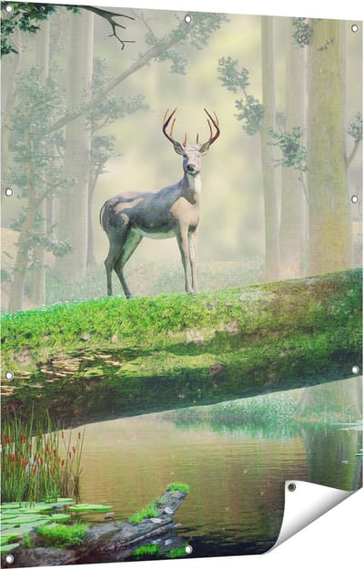 Gards Tuinposter Hert in het Bos op een Boom - 90x120 cm - Tuindoek - Tuindecoratie - Wanddecoratie buiten - Tuinschilderij