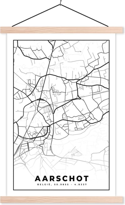 Posterhanger incl. Poster 40x60 cm - Schoolplaat - Stadskaart – Zwart Wit - Kaart – Aarschot – België – Plattegrond - Textielposter - Blanke latten - Stadskaart
