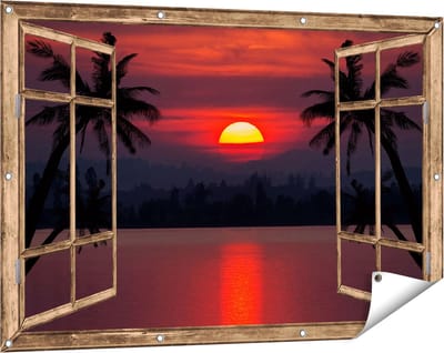 Gards Tuinposter Doorkijk Zonsondergang op het Strand met Palmbomen - 120x80 cm - Tuindoek - Tuindecoratie - Wanddecoratie buiten - Tuinschilderij
