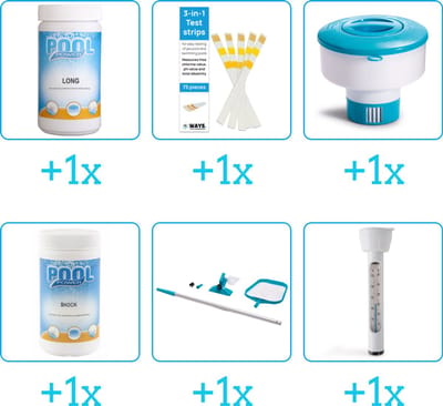 Zwembad Onderhoudspakket - Onderhoud Zwembad - bevat Chloor - Testrips - Chloordrijver - Chloor - Schoonmaakset en Thermometer (6-delig)