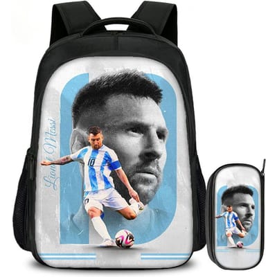 2-delige Set Boekentas Etui Schooltassen M-Messi Kinderen School Dubbellaags Rugzak Voetbalster Voetbal Sport Mochila