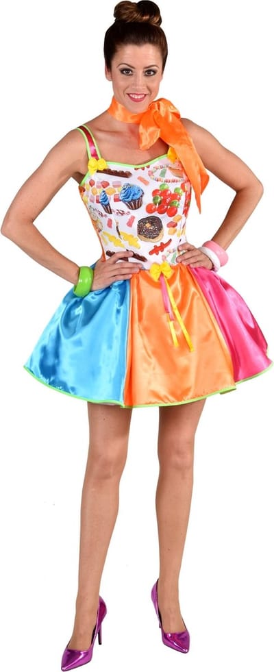 Magic By Freddy's - Eten & Drinken Kostuum - Jurk Lekker Snoepje Vrouw - multicolor - XL - Carnavalskleding - Verkleedkleding