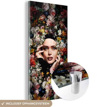 MuchoWow® Glasschilderij 20x40 cm - Schilderij acrylglas - Bloem - Vrouwen - Portret - Botanisch - Foto op glas - Schilderijen