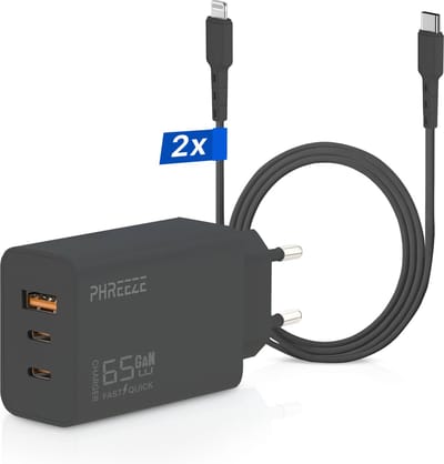 Multi usb adapter 65w 3 poorten geschikt voor iPhone 14/13/12/11/X & iPad Air/Pro/2022/2021/2020 - 2 meter - Lightning naar USB-C oplader kabel - Snellader 65 w