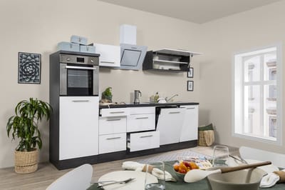Goedkope keuken 280 cm - complete keuken met apparatuur Amanda - Eiken grijs/Wit - soft close - keramische kookplaat - vaatwasser - afzuigkap - oven - spoelbak