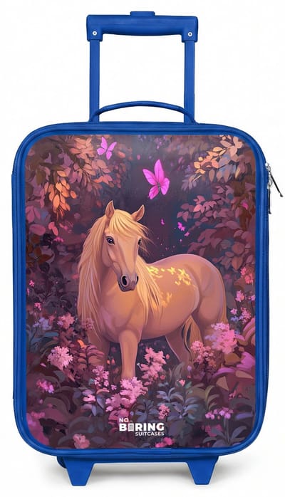 NoBoringSuitcases.com® - Kinderkoffer blauw - Kindertrolley jongen - Paard - Bloemen - Paars - Vlinder - Koffer kind lichtgewicht - Reiskoffer trolley voor kinderen - Koffertje met lichtgevende wieltjes - Rolkoffer