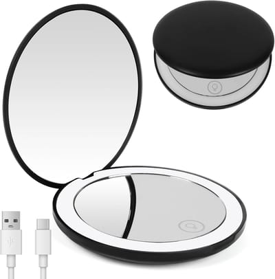 Ynkkvre - Draagbare LED Compact Spiegel - Mini LED Zakspiegel met 1×/10× Vergroting - Dubbelzijdige Make-up Spiegel met Licht - Reis Cosmeticaspiegel - Cadeau voor Vrouwen (Zwart)