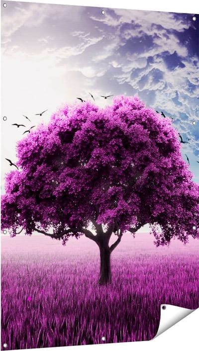Gards Tuinposter Paarse Boom in het Paars Veld met Vogels - 100x150 cm - Tuindoek - Tuindecoratie - Wanddecoratie buiten - Tuinschilderij