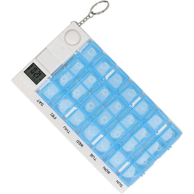 Boîte de Rangement Organisateur Hebdomadaire Portable 28 Compartiments pour Médicaments Comprimés Pilules Bonbons avec Rappel Bleu