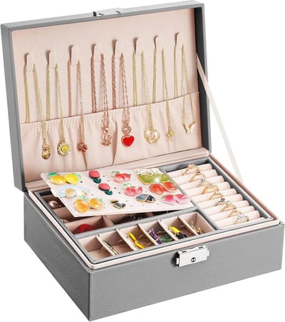 Sieradendoos Grote Leather Juwelendoos voor Vrouwen Dames - Grijs - Ringen Oorbellen Armbanden Kettingen - 2 Layer Travel Jewellery Organiser met Slot