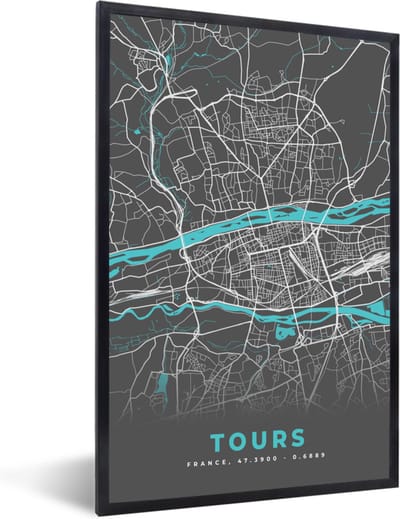 Fotolijst incl. Poster - Tours - Plattegrond - Frankrijk - Kaart - Stadskaart - 40x60 cm - Posterlijst