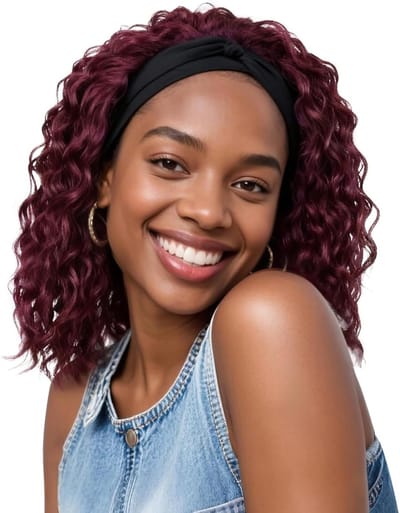 QUEENTAS Wine Red Deep Wavy Headband 14 Inch Deep Wavy Synthetic Headband Wig for Women Glueless Lightweight Natural - ShopVlot