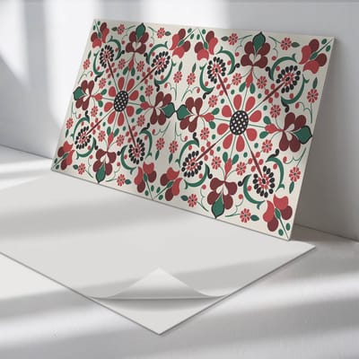Wallfluent Vinyl Wandpaneel - Bloemenpatroon met symmetrie Zelfklevend Wandpaneel - 120 cm x 60 cm - Rood PVC wandpaneel - Set van 1 - Rechthoekig Wandbekleding Vinyl - Patroon Wandpaneel - PVC Muurpaneel - Wandpaneel Keuken en Badkamer